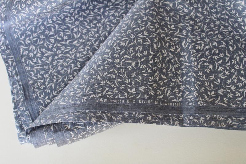 vintage Wamsutta print cotton fabric, blue chambray w/ tiny leaves in white