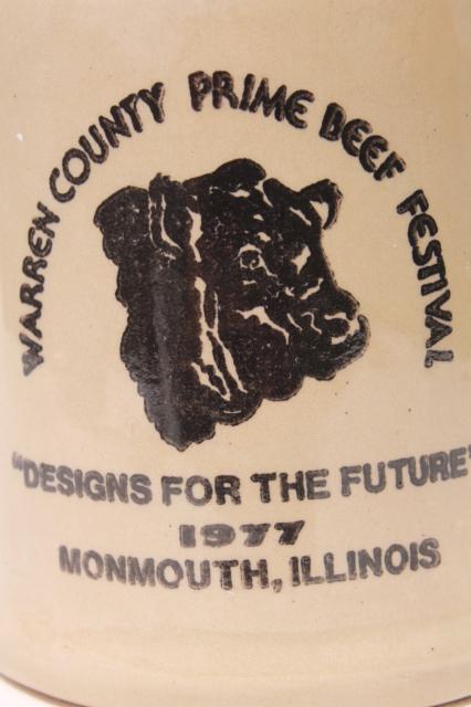 vintage Warren County Monmouth pottery stoneware beer stein mug, 70s Beef Festival w/ Angus