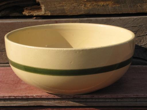 vintage Watts oven ware pottery, big old green banded red apple bowl