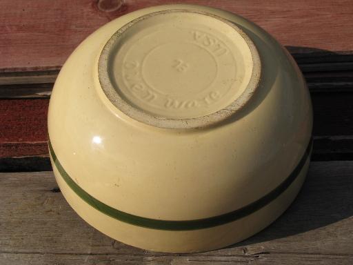 vintage Watts oven ware pottery, big old green banded red apple bowl