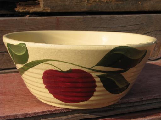 vintage Watts oven ware pottery, big old red apple ribbed mixing bowl