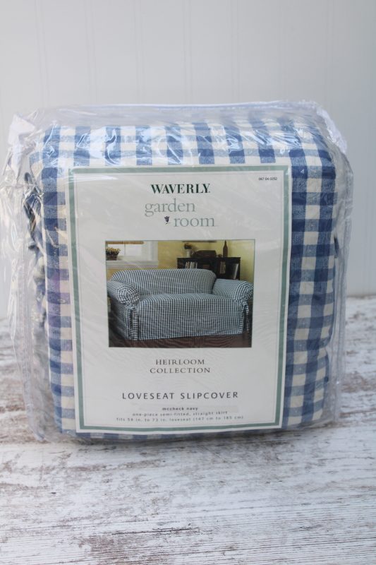 vintage Waverly Garden Room sealed slipcover loveseat size, navy blue gingham checked cotton