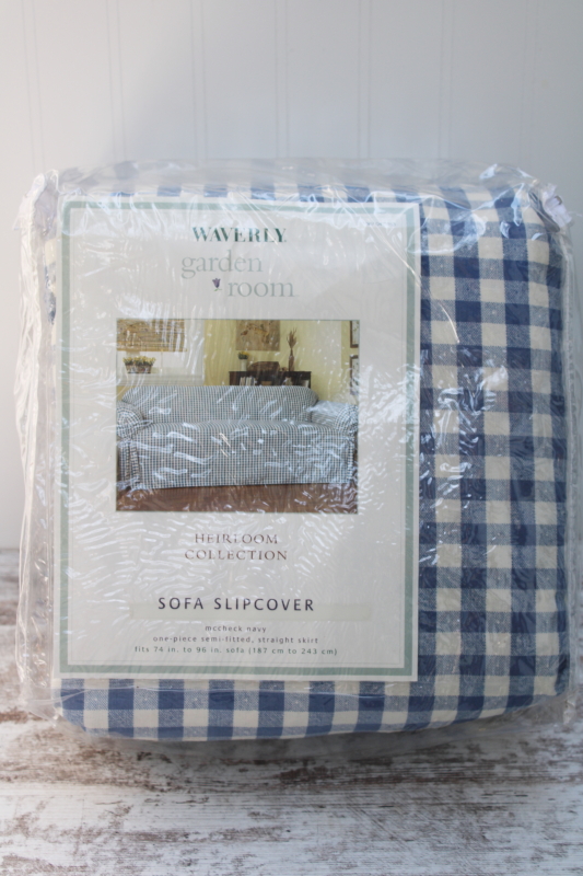 vintage Waverly Garden Room sealed slipcover sofa size, navy blue gingham checked cotton