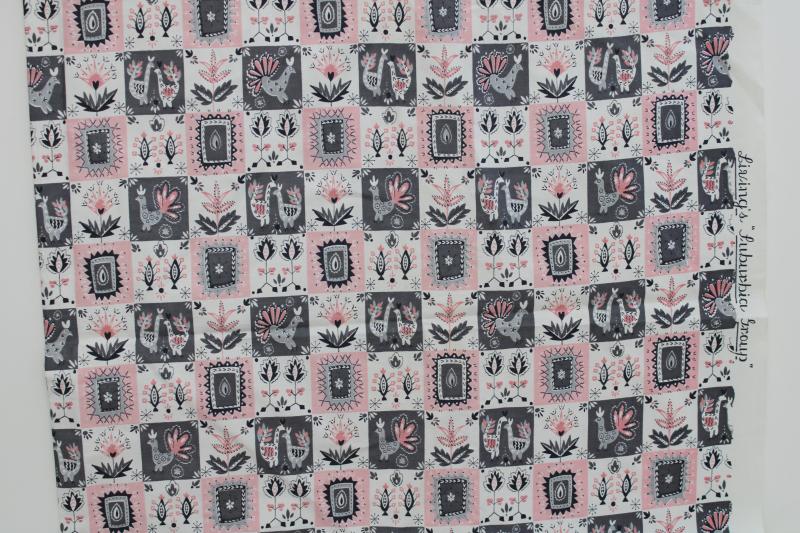 vintage Waverly print cotton fabric sample, pink & grey Chalet Swiss folk art style