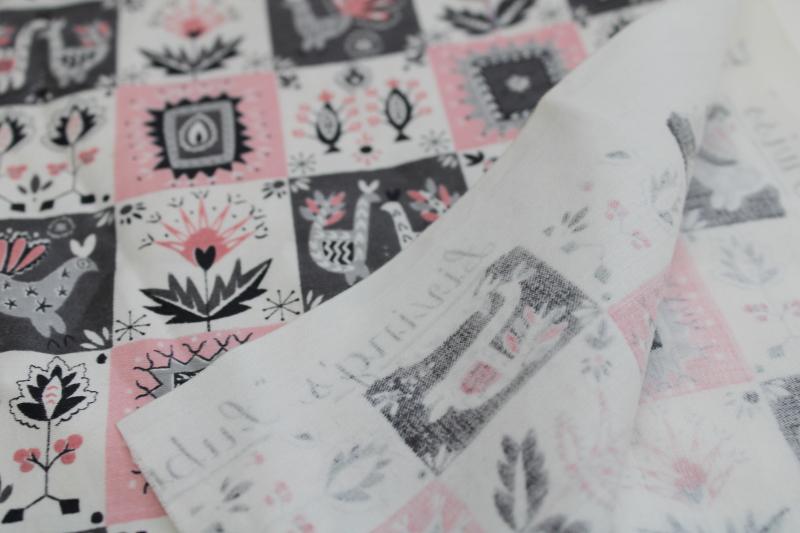 vintage Waverly print cotton fabric sample, pink & grey Chalet Swiss folk art style