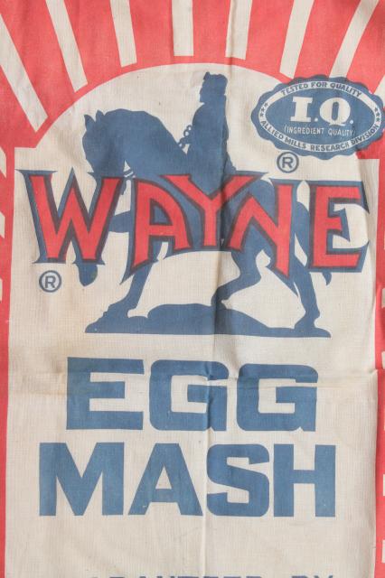 vintage Wayne egg mash layer hens chicken farm feed sack, red & blue print graphics