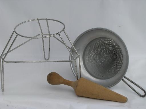 vintage Wear Ever food mill, tripod stand strainer sieve cone/wood masher