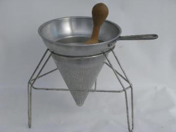 vintage Wear Ever food mill, tripod stand strainer sieve cone/wood masher