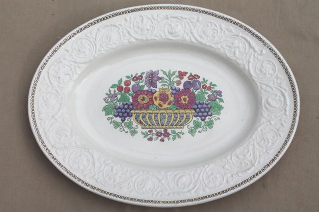 vintage Wedgwood Windermere turkey platter, antique creamware platter w/ flower basket