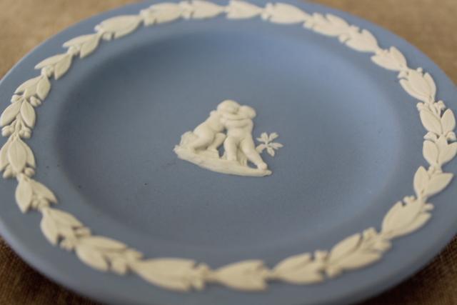 vintage Wedgwood blue and white jasperware mini plate, 4" round tray Cupid