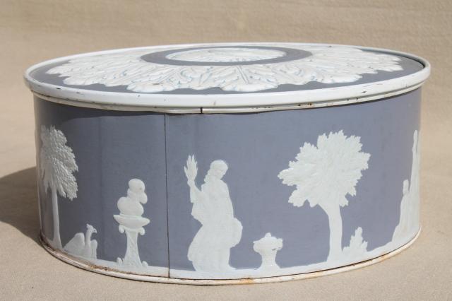 vintage Wedgwood blue & white fruitcake tin, jasperware figures embossed paper covered box