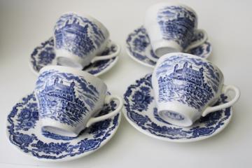 vintage Wedgwood blue  white transferware china cups  saucers Royal Homes of Britain