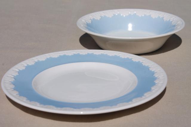 vintage Wedgwood china bowls & plates, Albion blue & white Corinthian embossed border
