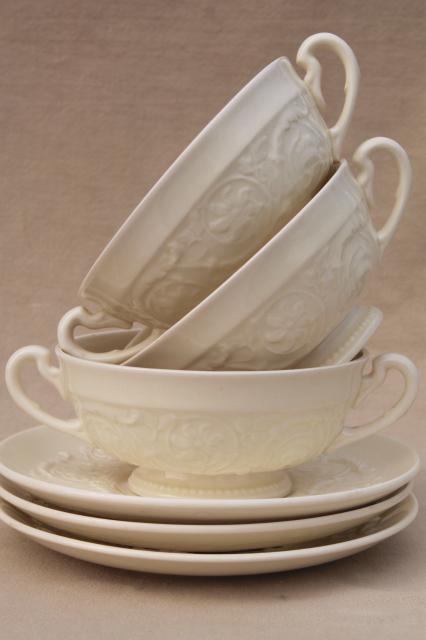 vintage Wedgwood china old Patrician embossed creamware handled soup bowls or boullion cups