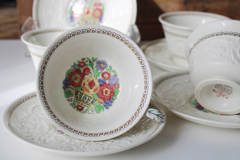 vintage Wedgwood cups and saucers, Windermere floral embossed creamware china