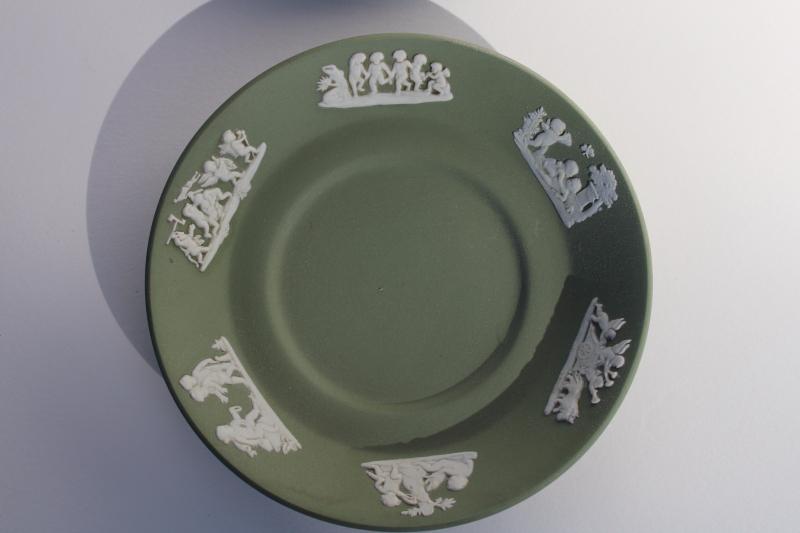 vintage Wedgwood jasperware mini plates, celadon or sage green w/white