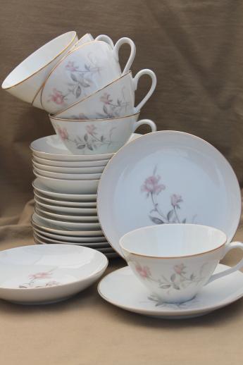 vintage Wentworth Fine China Japan, Desire pink rose cups & saucers, plates, bowls