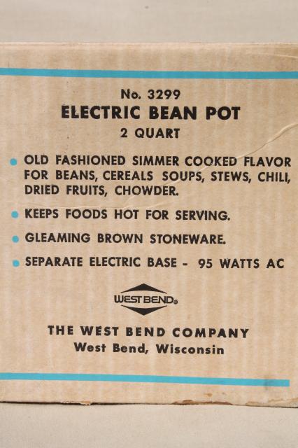 vintage West Bend electric bean pot, cooker w/ stoneware crock for baked beans