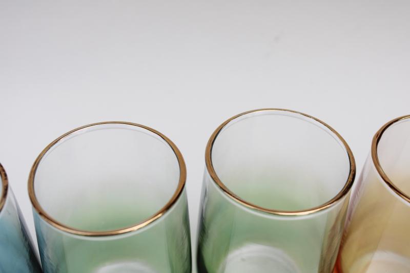 vintage West Virginia glass colored luster iridescent drinking glasses, retro barware