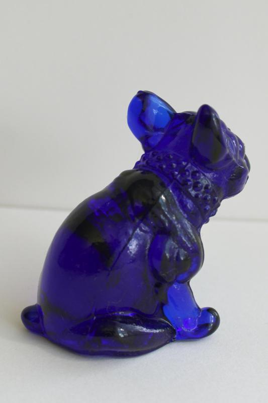 vintage Westmoreland cobalt blue glass dog w/ rhinestone eyes, Frenchie or bulldog