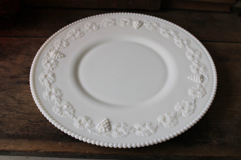 vintage Westmoreland milk glass cake plate or round tray, beaded edge paneled grape