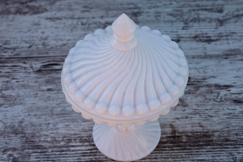 vintage Westmoreland milk glass candy dish, ball and swirl pattern pressed glass