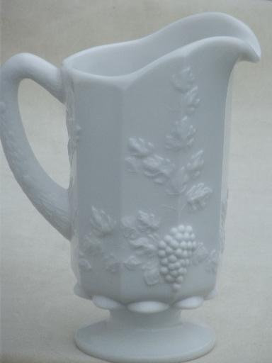 vintage Westmoreland milk glass juice pitcher, paneled grape pattern