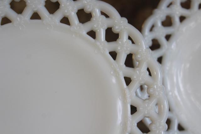 vintage Westmoreland milk glass, open lace edge plates forget me not flower lattice