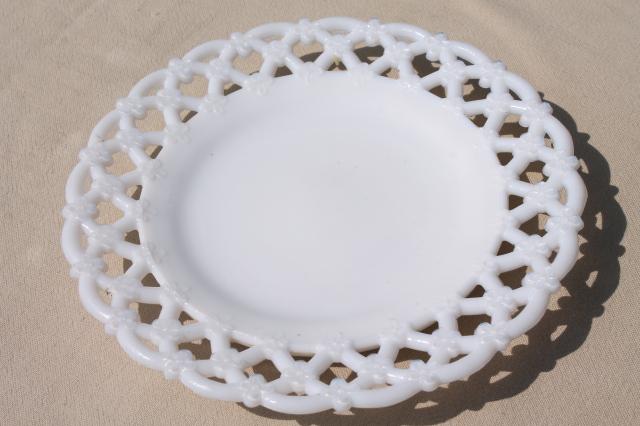 vintage Westmoreland milk glass plates, forget-me-not flowers lattice lace edge