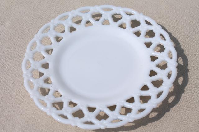 vintage Westmoreland milk glass plates, forget-me-not flowers lattice lace edge