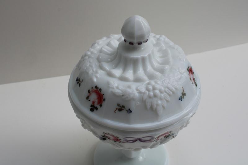 vintage Westmoreland paneled grape hand painted milk glass candy dish w/ lid