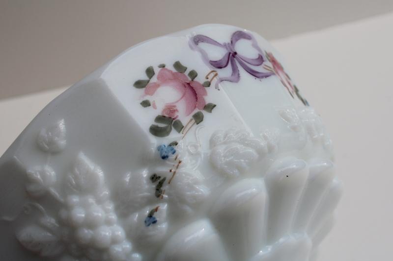 vintage Westmoreland paneled grape hand painted milk glass candy dish w/ lid