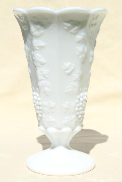 vintage Westmoreland paneled grape milk glass vase, tall vase w/ embossed grapes