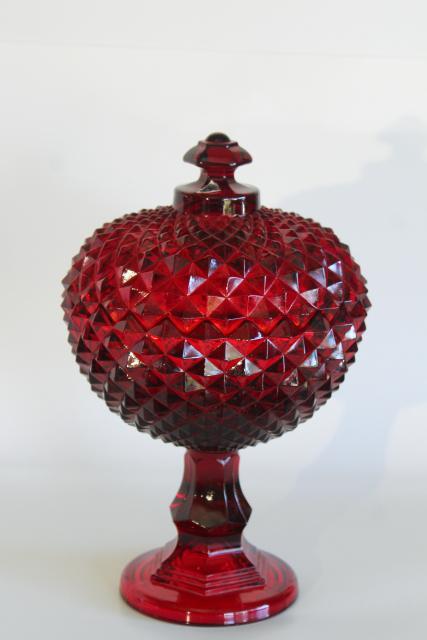 vintage Westmoreland ruby red glass Sawtooth pattern covered compote diamond point