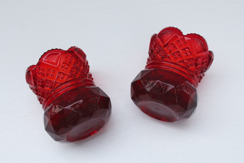 vintage Westmoreland ruby red glass match or toothpick holders, pair of mini vases