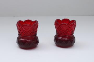 vintage Westmoreland ruby red glass match or toothpick holders, pair of mini vases