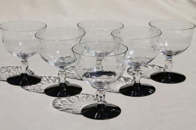 vintage Weston glass champagne glasses, ebony black stems / crystal clear optic glass champagnes