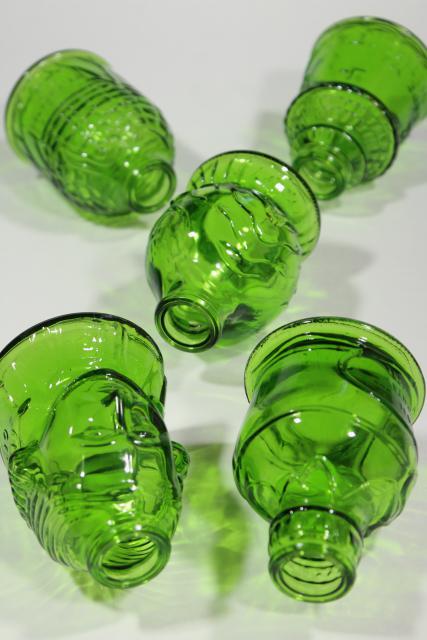 vintage Wheaton bottles, green glass reproduction flasks, mini bottle collection