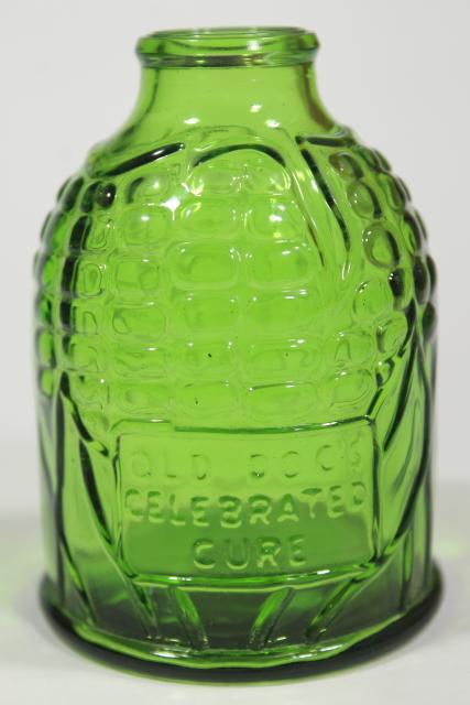 vintage Wheaton bottles, green glass reproduction flasks, mini bottle collection