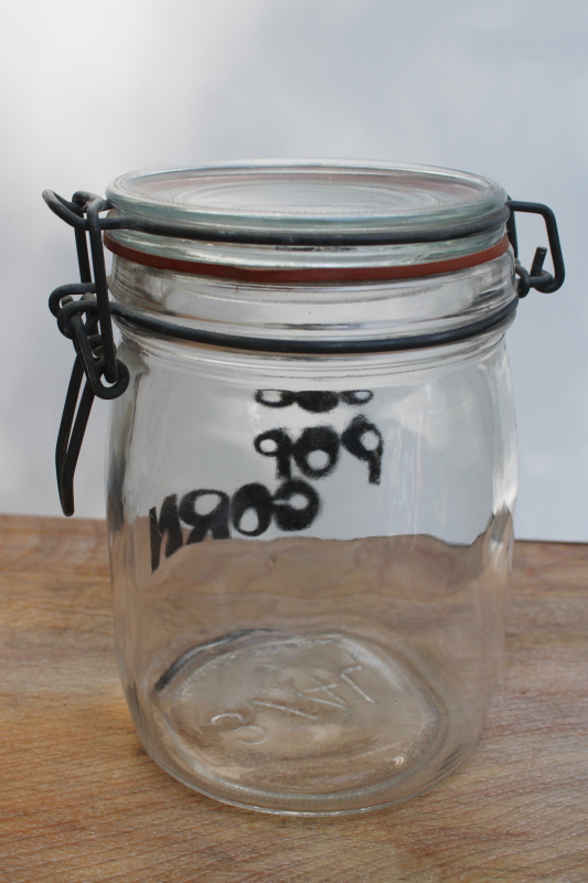 vintage Wheaton glass canister Pop Corn mod typography print hermetic bail jar