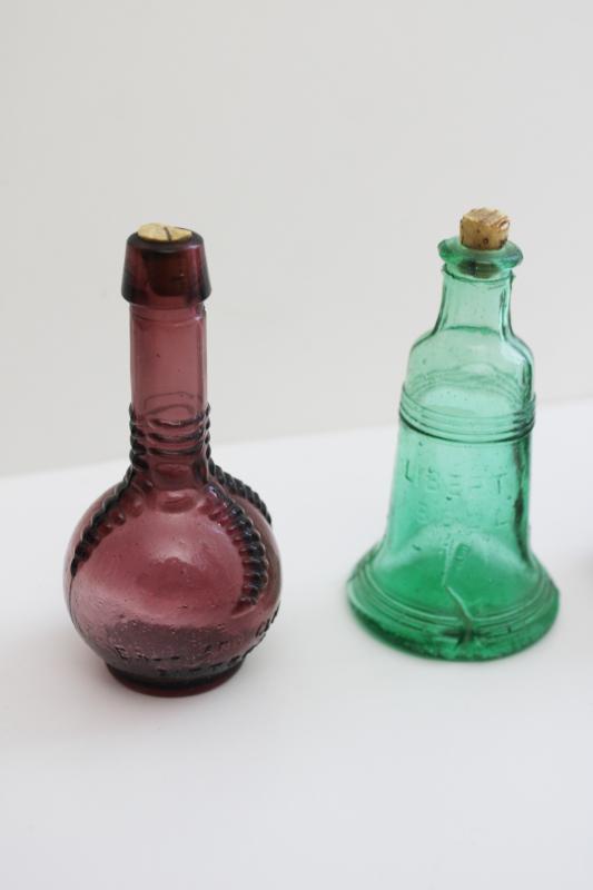 vintage Wheaton style mini bottles, antique decanter reproductions colored glass bottles