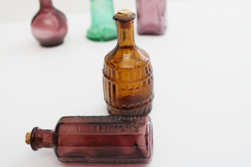 vintage Wheaton style mini bottles, antique decanter reproductions colored glass bottles