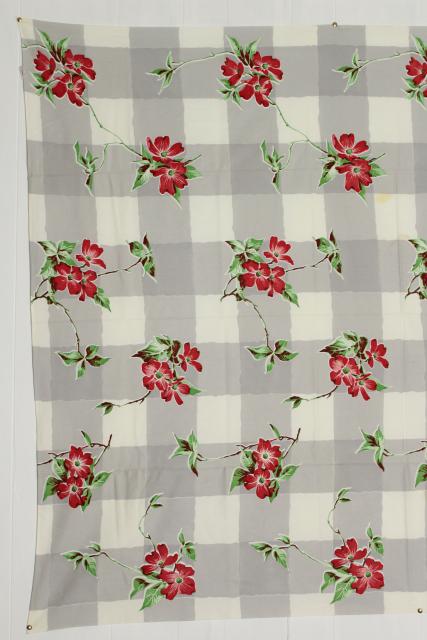 vintage Wilendure printed cotton tablecloths, grey & pink magnolia & dogwood flowers