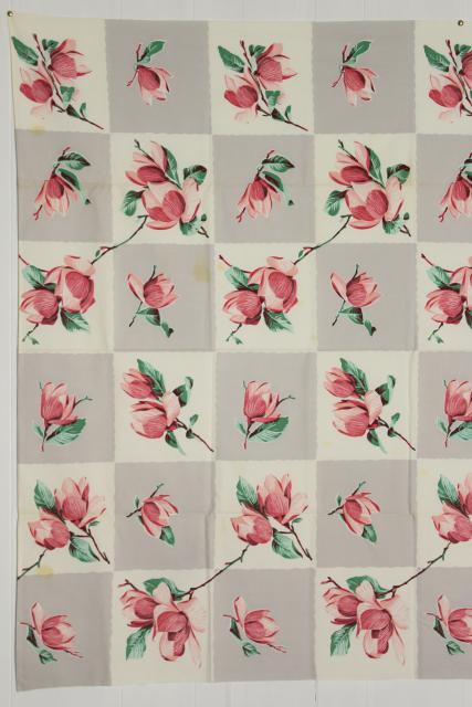 vintage Wilendure printed cotton tablecloths, grey & pink magnolia & dogwood flowers
