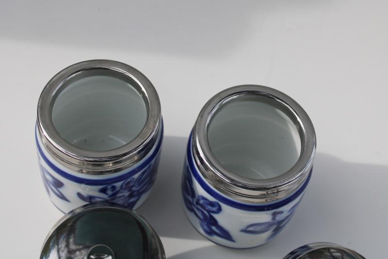 vintage Williams Sonoma cobalt blue & white china egg coddlers w/ metal lids
