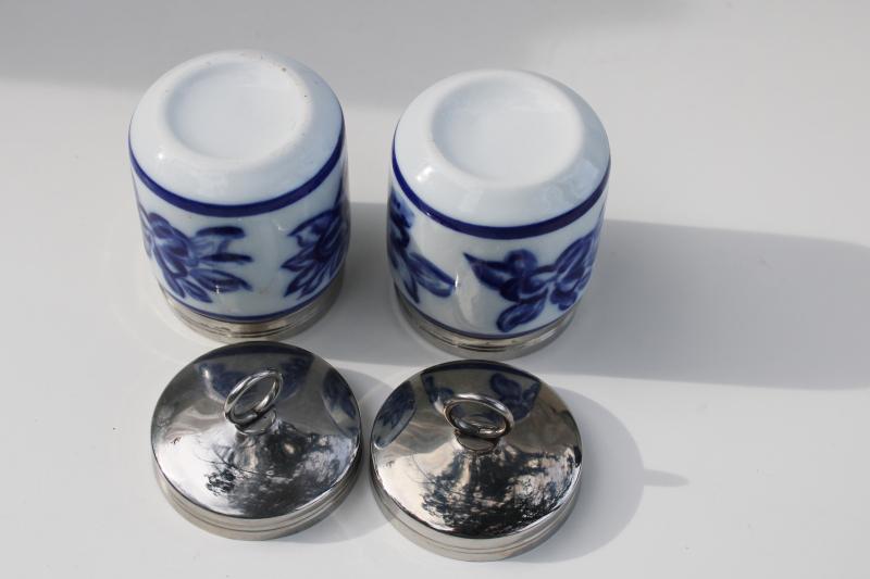 vintage Williams Sonoma cobalt blue & white china egg coddlers w/ metal lids