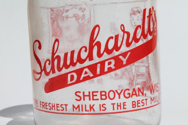 vintage Wisconsin milk bottle - freshest milk is the best, Schuchardt's dairy Sheboygan