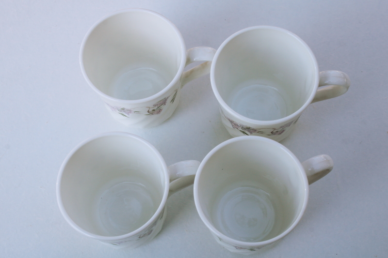 vintage Wisteria Corning Corelle flat cups or mugs set of four, lavender floral print
