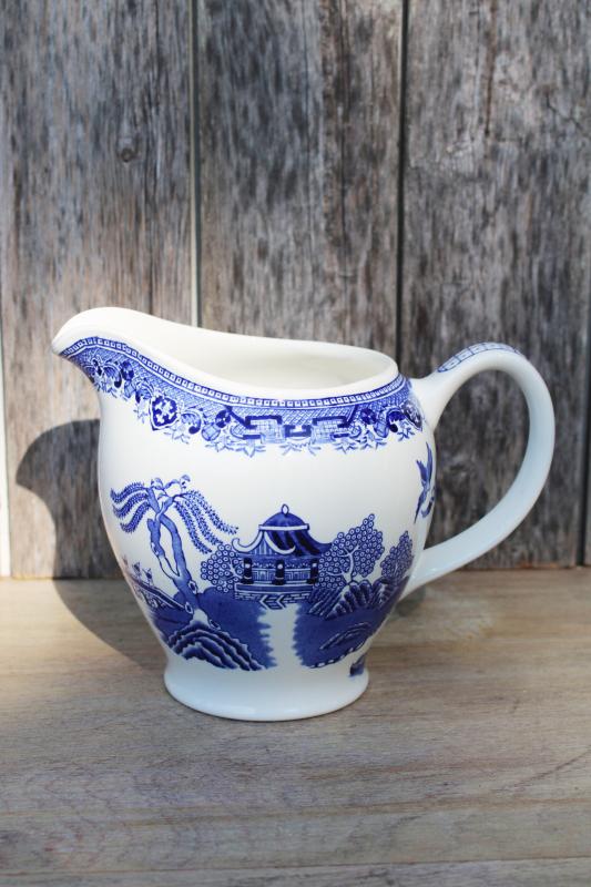 vintage Woods Ware England blue willow china pitcher, large milk jug