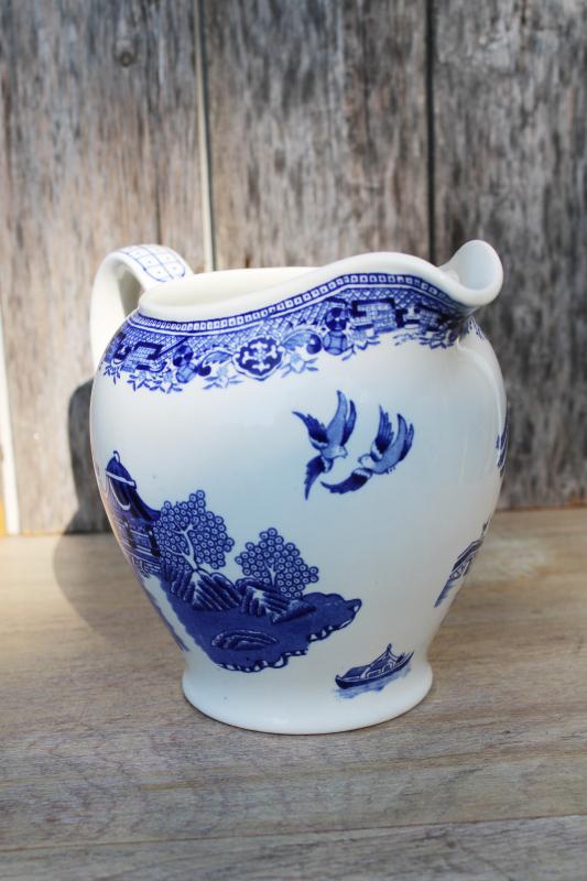 vintage Woods Ware England blue willow china pitcher, large milk jug